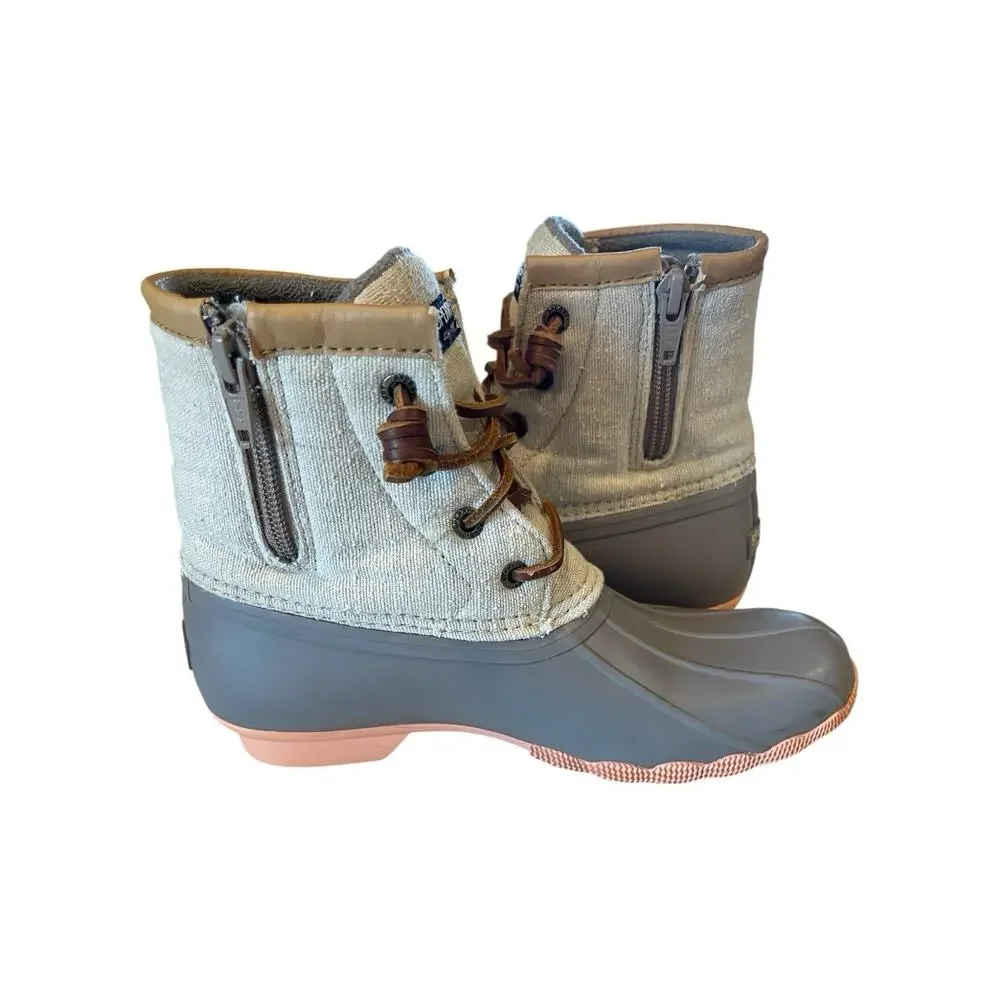 Sperry Top-Sider Kids Duck Boots Size 3M Gray Rubber Beige Canvas Side Zip